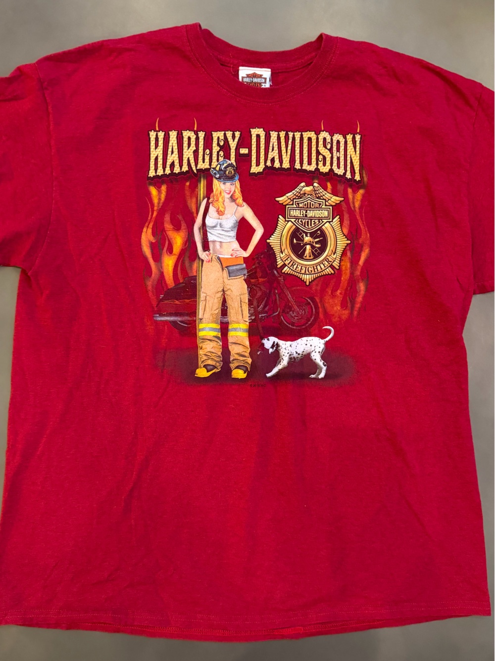 Harley-Davidson Red Tee with Firefighter Pinup Graphic SZ XL